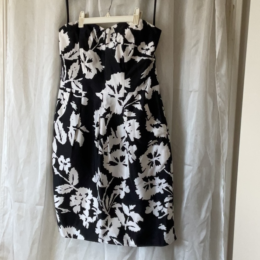 Strapless Black & White Floral Midi Dress